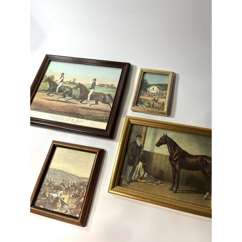 VTG Set of 4 Equestrian Hunting Horse Prints Gold Wood Frames English Decor